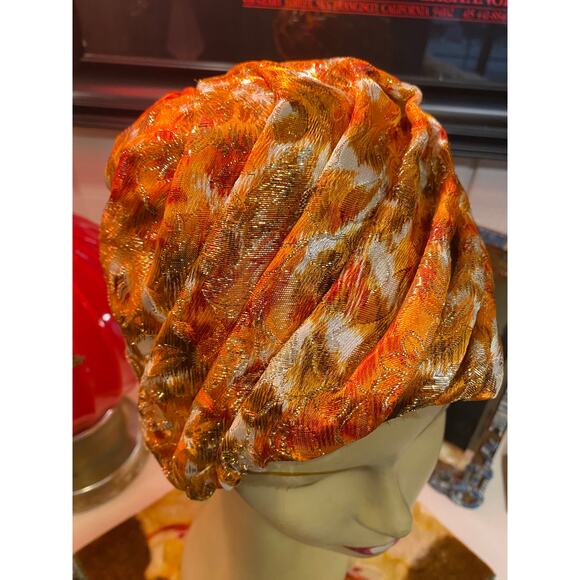 vintage 1960s orange and gold brocade turban 60s hat gathered metallic mod retro - Picture 2 of 7